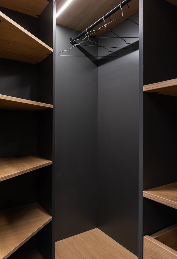 Sleek modern wardrobe featuring wooden shelves and hanging rod, perfect for stylish storage solutions.